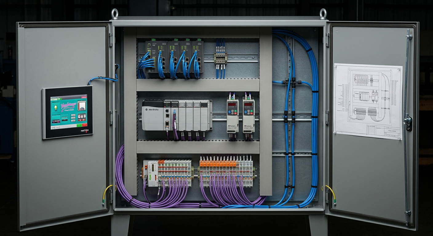 Industrial PLC control cabinet with Allen-Bradley, Wago I/O, and Modbus wiring
